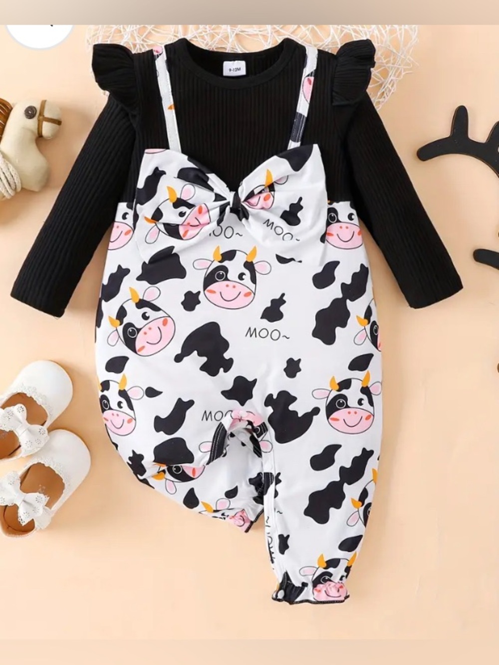 PatPat Cow Print One-Piece Bodysuit in White, Black, Pink